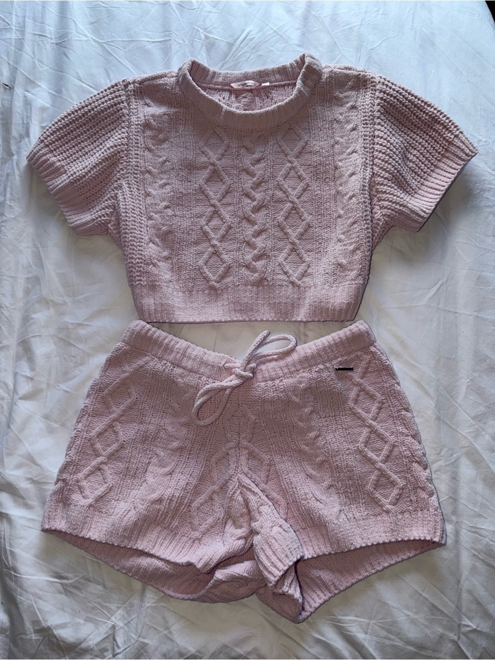 La Vie En Rose Blush Pink Cable-Knit Lounge Set Comfy Soft Coquette XL Medium